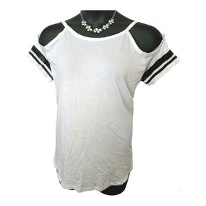 Y2K White TShirt Peek A Boo Shoulders w/ Black Faux Leather Stripes Size XL NWOT